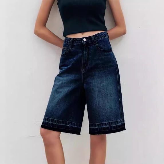 ClodeEU Women's High Waisted Straight Leg Denim Knee Length Shorts,Casual Jean Bermuda Short with Pockets Navy,Womens Plus M