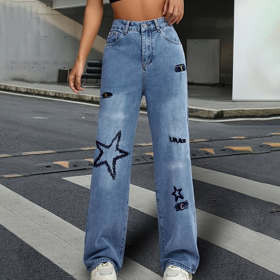 ClodeEU Women's High Waisted Straight Leg Denim Pants ,Loose Jeans With Cute Star Print Light Blue,Womens Plus S