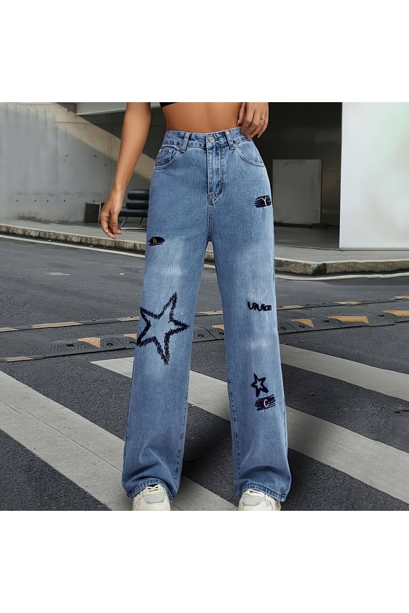 Women's High Waisted Straight Leg Denim Pants ,Loose Jeans With Cute Star Print Light Blue,Womens Plus XL