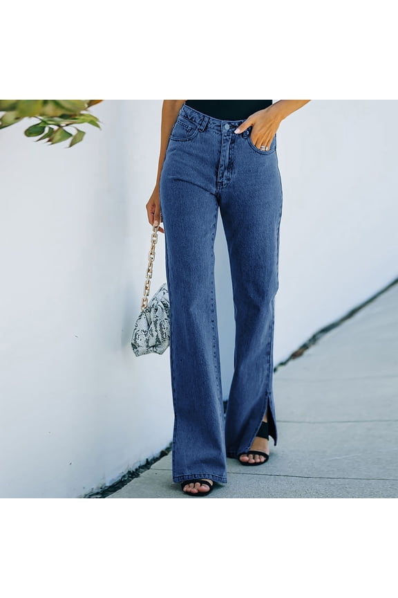 Women's High Waisted Straight Leg Jeans, Stretchy Classic Baggy Flare Denim Pants with Pocket And Side Slit Hem Blue,Womens Plus XXL