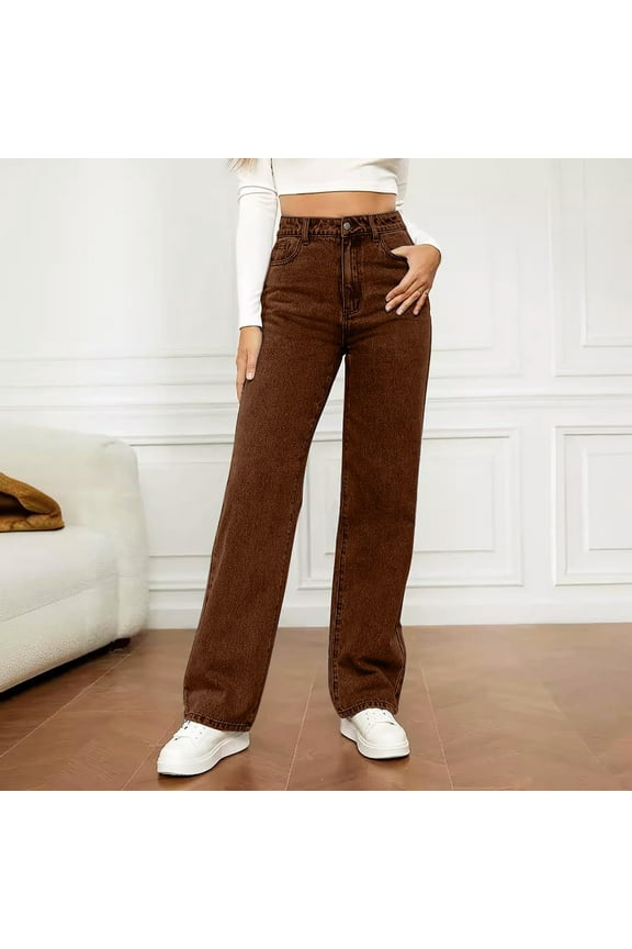 Women's High Waisted Straight Leg Jeans ,Trendy Stretchy Classic Baggy Denim Pants Brown,Womens Plus XL