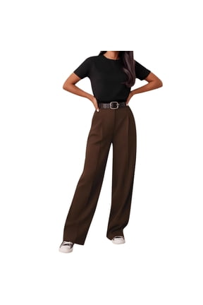 Women's High Waisted Straight Leg Pants,Casual Trousers Office Work Suit Pants Brown,Womens Plus L