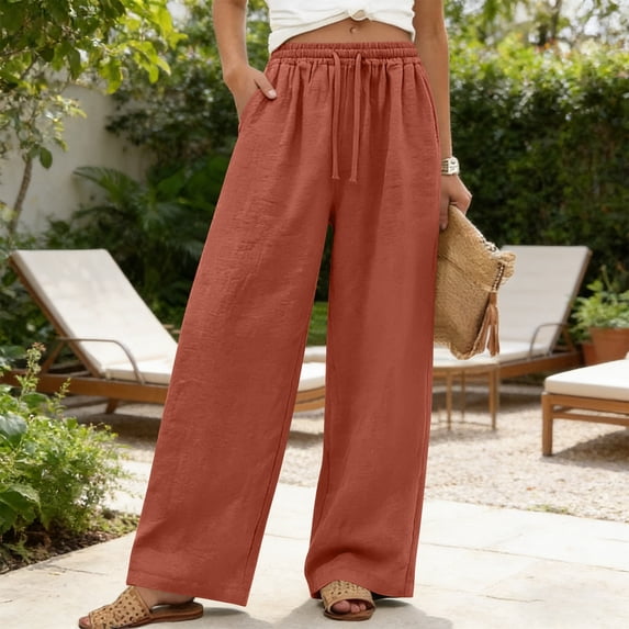 ClodeEU Women's High Waisted Straight Leg Pants with Drawstring,Casual Loose Fit Trousers Red,Womens Plus S