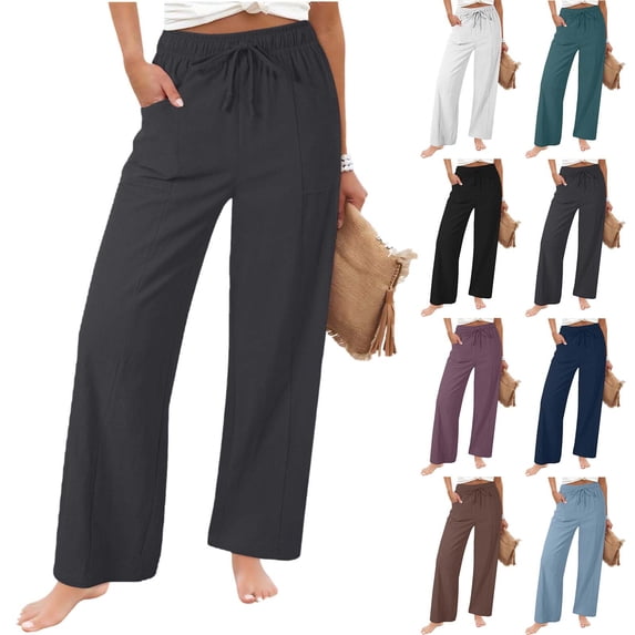 ClodeEU Women's High Waisted Straight Leg Pants with Drawstring,Summer Linen Blend Pant with Pockets Gray,Womens Plus XXL