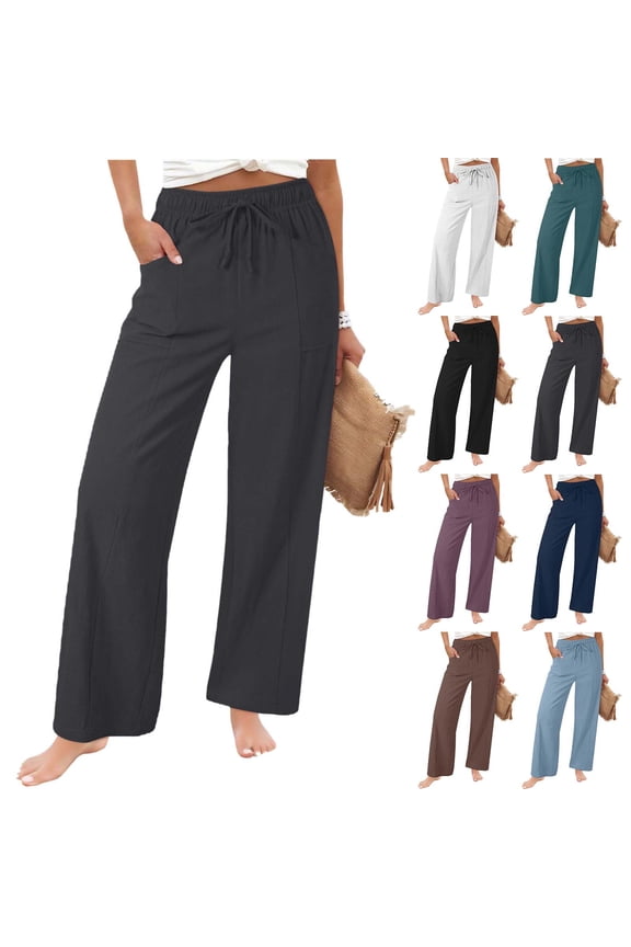 Women's High Waisted Straight Leg Pants with Drawstring,Summer Linen Blend Pant with Pockets Mint Green,Womens Plus S