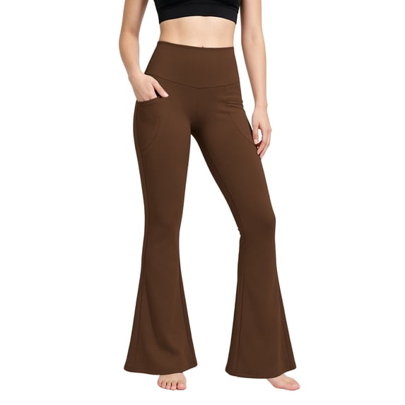 ClodeEU Women's High Waisted Stretch Flare Yoga Pants with Pockets,Casual Wide Leg Athletic Fitness Trousers Brown,Women's Plus L