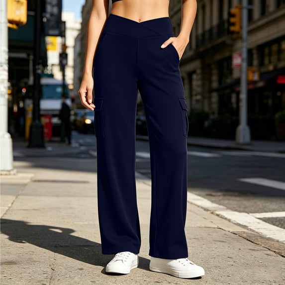 ClodeEU Women's High Waisted Stretch Straight Leg Cargo Pants with Pockets ,Casual Yoga Work Trouser Navy,Women's Plus XL