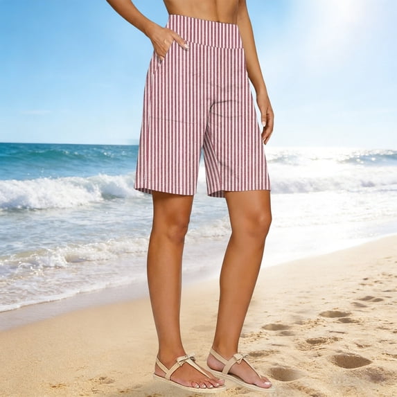 ClodeEU Women's High Waisted Striped Linen Blend Bermuda Shorts, Elastic Waist Casual Summer Pants with Pockets Pink,Women's Plus M