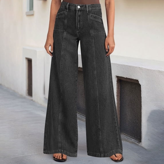 ClodeEU Women's High Waisted Wide Leg Flare Jeans , Loose Vintage Y2K Casual Comfort Baggy Denim Pants Black,Womens Plus L