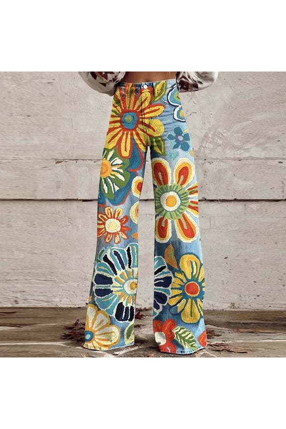 Women's High Waisted Wide Leg Jeans,Flower Printed Baggy Jeans ,Loose Boyfriend Denim Pants Multicolor,Womens Plus M