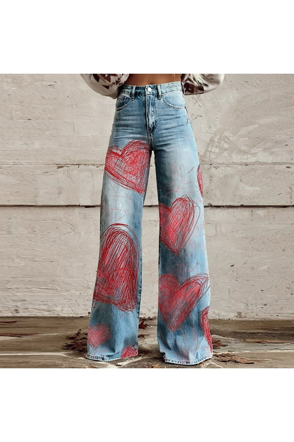 Women's High Waisted Wide Leg Jeans,Flower Printed Baggy Jeans ,Loose Boyfriend Denim Pants Red,Womens Plus XXL