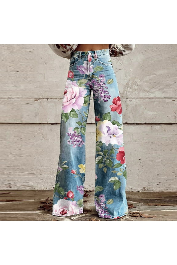 Women's High Waisted Wide Leg Jeans,Flower Printed Straight Leg Baggy Jeans,Trendy Denim Pants Trendy Pink,Womens Plus XL