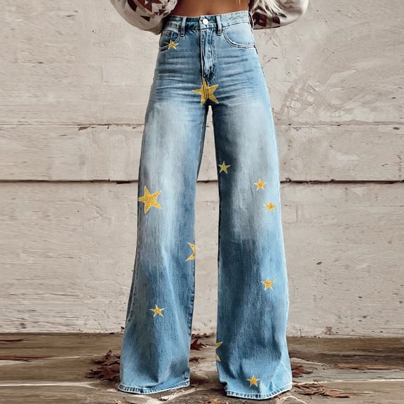 ClodeEU Women's High Waisted Wide Leg Jeans With Cute Star Print, Fashion Casual Denim Pants Yellow,Womens Plus M
