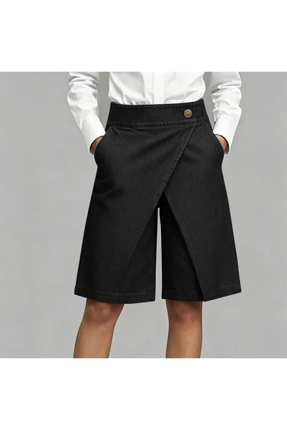 Women's High Waisted Wrap Front Culottes, Button Wide Leg Cropped Pants with Pockets, Summer Casual Shorts For Work Black,Women's Plus M