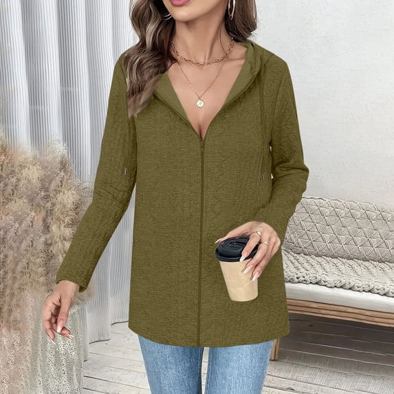 ClodeEU Women's Hooded Cardigans With Drawstring ,Long Sleeve Zip Up Tunic Sweatshirt ,Loose Fit Fall Cardigan Army Green,Womens Plus L