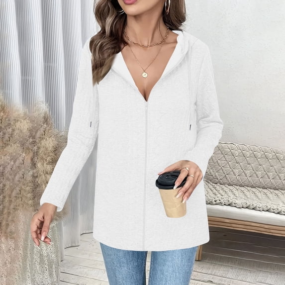 ClodeEU Women's Hooded Cardigans With Drawstring ,Long Sleeve Zip Up Tunic Sweatshirt ,Loose Fit Fall Cardigan White,Womens Plus M