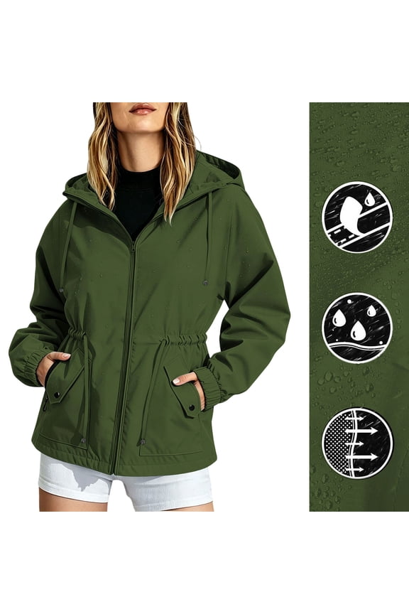 Women's Hooded Cinch Waist Windbreaker Jacket, Lightweight Outdoor Coat with Pockets Army Green,Women's Plus S