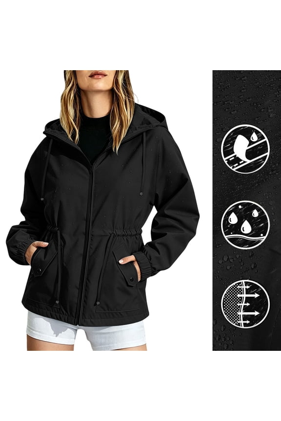 Women's Hooded Cinch Waist Windbreaker Jacket, Lightweight Outdoor Coat with Pockets Black,Women's Plus M