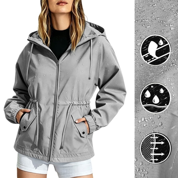 ClodeEU Women's Hooded Cinch Waist Windbreaker Jacket, Lightweight Outdoor Coat with Pockets Gray,Women's Plus XL