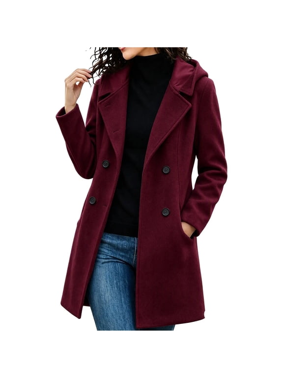 Women's Hooded Double Breasted Mid Length Wool Blend Coat, Solid Lapel Outerwear with Pockets ,Women's S-3XL