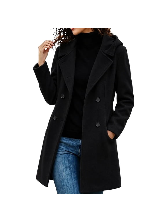 Women's Hooded Double Breasted Mid Length Wool Blend Coat, Solid Lapel Outerwear with Pockets ,Women's S-3XL