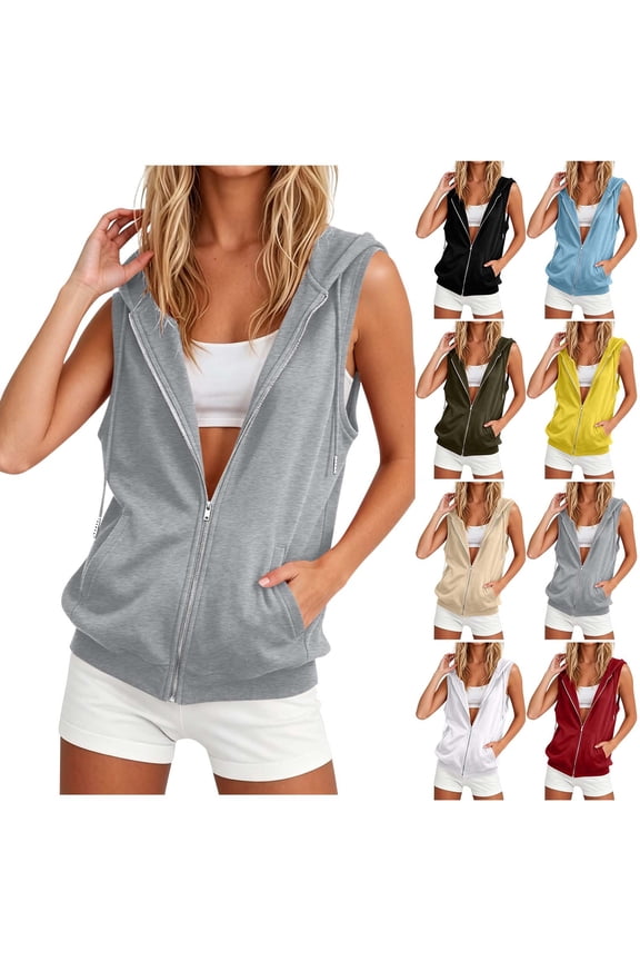 Women's Hooded Sleeveless Zip Up Vest with Drawstring,Casual Solid Vest with Pockets White,Women's Plus S