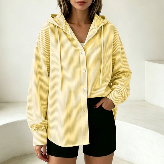 ClodeEU Women's Hooded Striped Button Down Long Sleeve Shirt ,Casual Loose Blouses Jackets Yellow-Striped,Women's Plus S