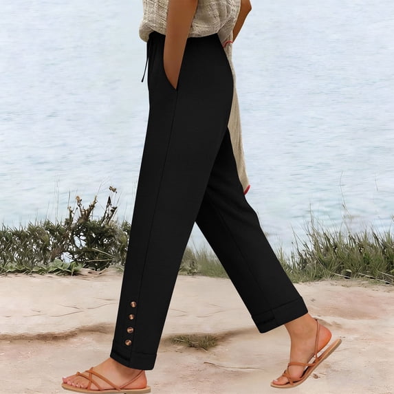 ClodeEU Women's Ice Silk Drawstring Wide Leg Pants ,Solid Color Loose Fit Casual Trousers Black,Womens Plus XXL