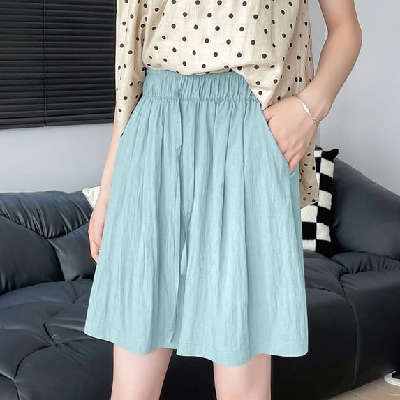 ClodeEU Women's Ice Silk Quick Dry Wide Leg Knee Length Shorts with Side Pockets,Drawstring Elastic Waist Casual Summer Bermuda Pants Sky Blue,Womens Plus XL
