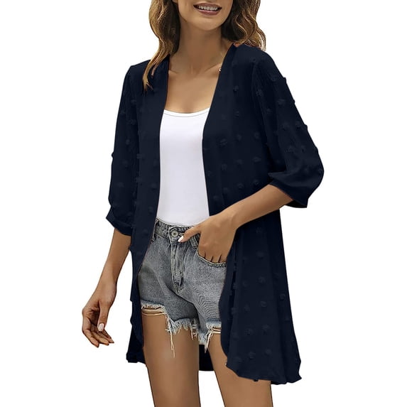 ClodeEU Women's Jacquard Knit 3/4 Sleeve Cardigan ,Solid Color Casual Open Front Top Navy 05,Womens Plus M