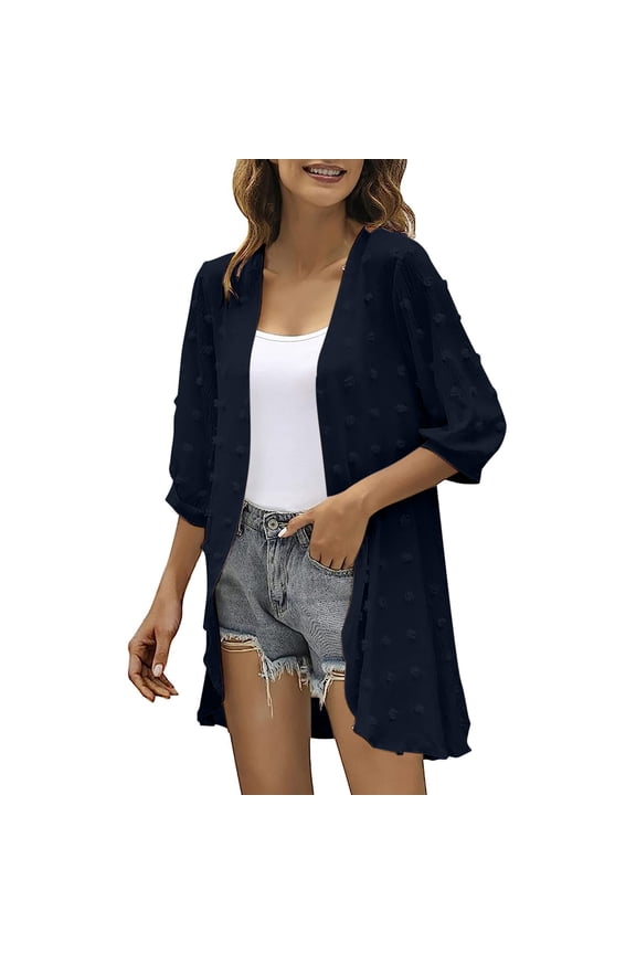 Women's Jacquard Knit 3/4 Sleeve Cardigan ,Solid Color Casual Open Front Top Navy 05,Womens Plus M
