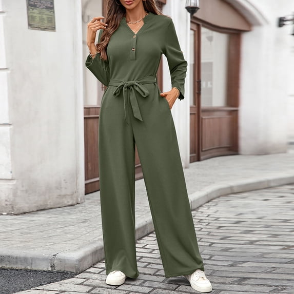ClodeEU Women's Jumpsuit,Solid Color High Waisted Ribbon ,Button Up Long Sleeved Loose Jumpsuit Army Green,Womens Plus XL