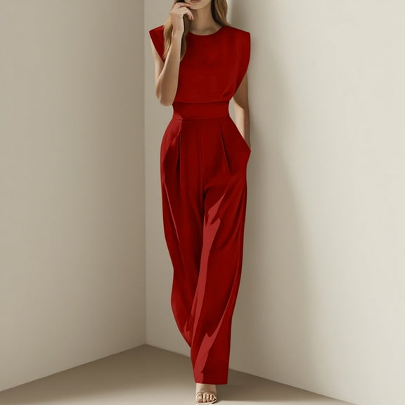 ClodeEU Women's Jumpsuits ，Casual One Piece Outfit ，Sleeveless With Pockets ,Wide Leg Long Pants Red,Womens Plus XXL