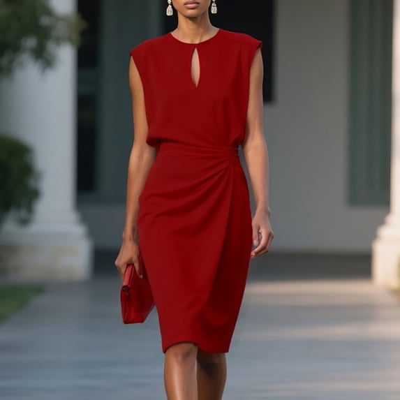 ClodeEU Women's Keyhole Neck Midi Dress ,Sleeveless Fitted Dress with Waist Side Ruff Red,Womens Plus M