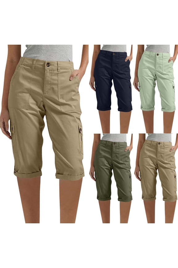 Women's Knee Length Cargo Capri Pants,Casual Rolled Hem Cropped Shorts with Pockets Khaki,Women's Plus M