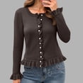 thumbnail image 1 of ClodeEU Women's Knit Sweater Cardigan with Ruffle, Solid Color Round Neck Button Front Long Sleeve Top Coffee,Womens Plus L, 1 of 8