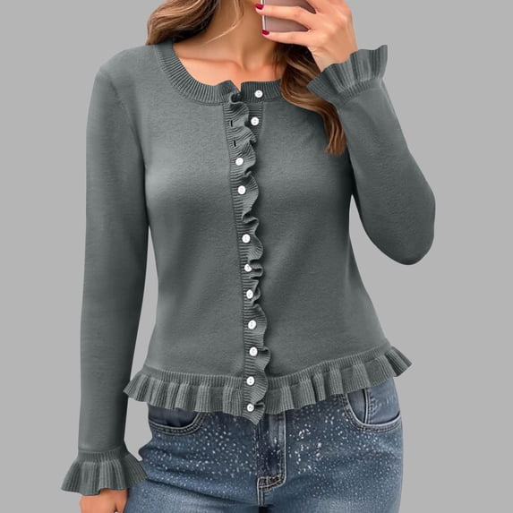 ClodeEU Women's Knit Sweater Cardigan with Ruffle, Solid Color Round Neck Button Front Long Sleeve Top Dark Gray,Womens Plus L