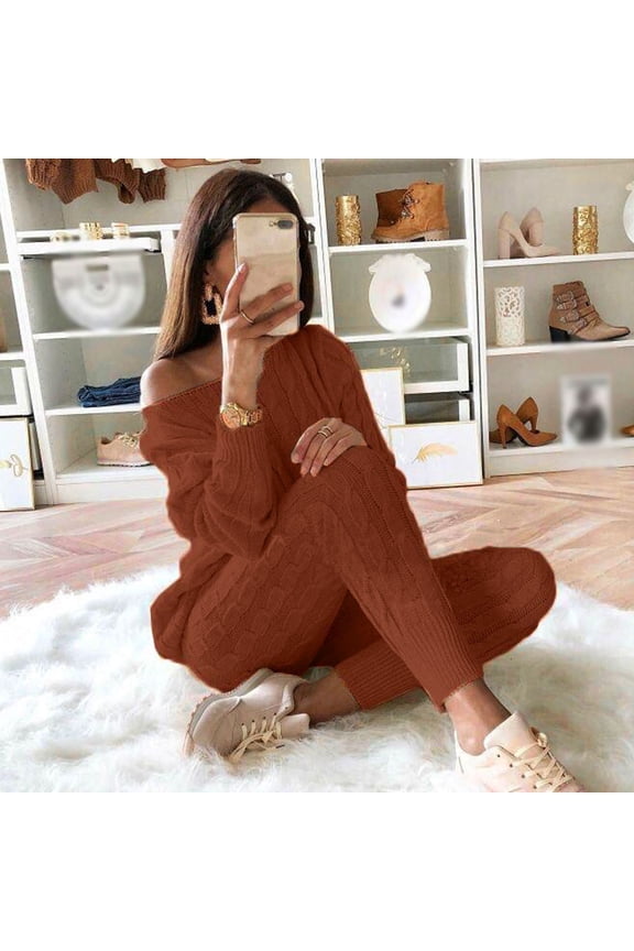 Women's Knitted Two Piece Lounge Set,Off Shoulder Long Sleeve Sweater ,Solid Color Lounge Pant Wine,Womens Plus XXXXL
