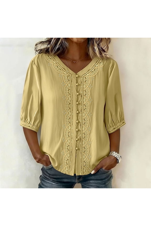 Women's Lace Panel V Neck Button Down Elbow Sleeve Shirt,Solid Color Casual Blouse Yellow,Women's Plus M