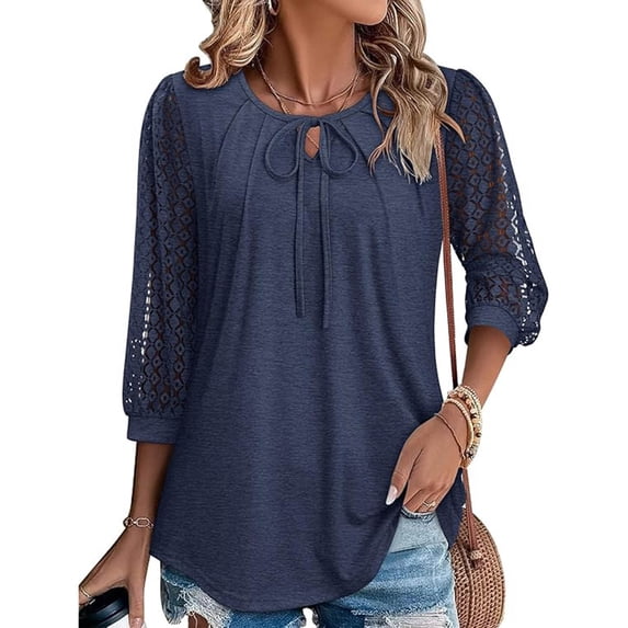 ClodeEU Women's Lace Patchwork 3/4 Sleeve Crewneck Top ,Solid Color Casual Spring Summer Blouse Blue,Women's Plus S
