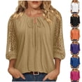 thumbnail image 1 of ClodeEU Women's Lace Patchwork 3/4 Sleeve Crewneck Top ,Solid Color Casual Spring Summer Blouse Purple,Women's Plus S, 1 of 7