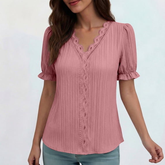 ClodeEU Women's Lace Patchwork Solid Color V Neck Short Sleeve T-Shirt,Casual Summer Top Pink,Womens Plus S