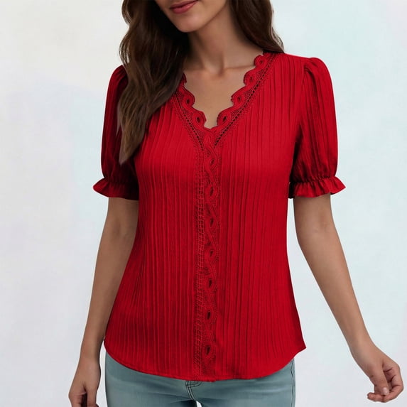 ClodeEU Women's Lace Patchwork Solid Color V Neck Short Sleeve T-Shirt,Casual Summer Top Red,Womens Plus XXXXL