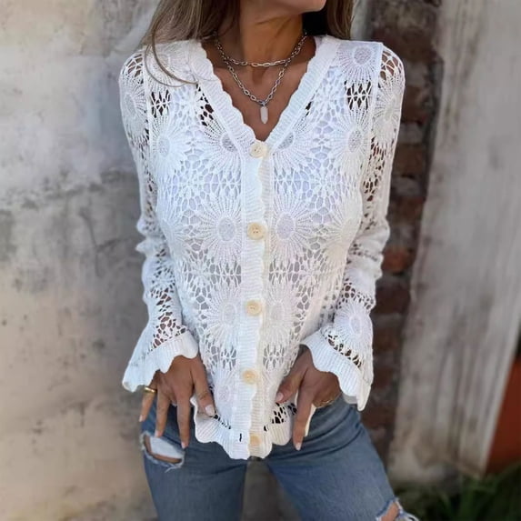 ClodeEU Women's Lace Sheer Hollow Out V Neck Shirts,Button Up Loose Sweater Tops White,Womens Plus L