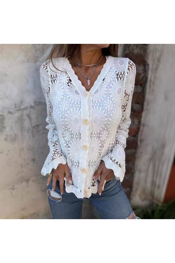 Women's Lace Sheer Hollow Out V Neck Shirts,Button Up Loose Sweater Tops White,Womens Plus L