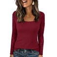 thumbnail image 1 of ClodeEU Women's Lace Spliced Slim Fit U Neck Long Sleeve Base Layer,Casual Tee Fall Fashion Outfits Red,Womens Plus S, 1 of 8