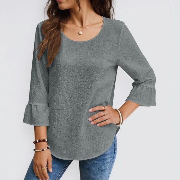 ClodeEU Women's Lace Trim 3/4 Sleeve Linen Blend Top ,Loose Fit Solid Color Casual Crewneck Blouse Gray,Womens Plus XXL