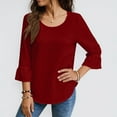 thumbnail image 1 of ClodeEU Women's Lace Trim 3/4 Sleeve Linen Blend Top ,Loose Fit Solid Color Casual Crewneck Blouse Red,Womens Plus XXL, 1 of 8