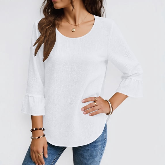 ClodeEU Women's Lace Trim 3/4 Sleeve Linen Blend Top ,Loose Fit Solid Color Casual Crewneck Blouse White,Womens Plus S