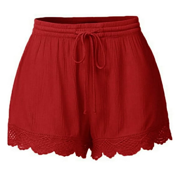 ClodeEU Women's Lace Trim Drawstring Shorts,Casual Summer Loose Short Red,Womens Plus L